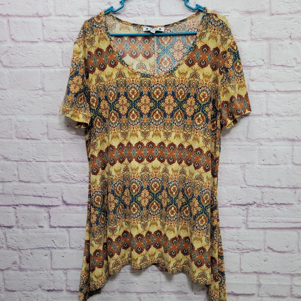 Wilde Boho Medallion Print Tunic Blouse 3X Sharkbite Hem Festival Hippie Cottage